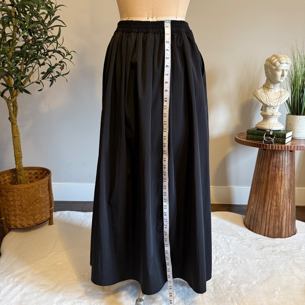 Zara Black Long Full Maxi Skirt Elastic Waist Pockets Taffeta Minimal S - Picture 7 of 12